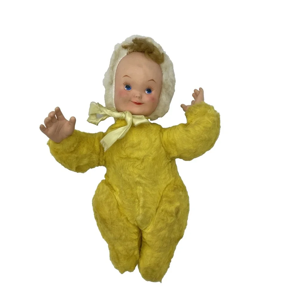 Vintage Rubber Sweet Face Baby Doll Yellow‎ Suit Brown Hair Moving Arms Rushton?